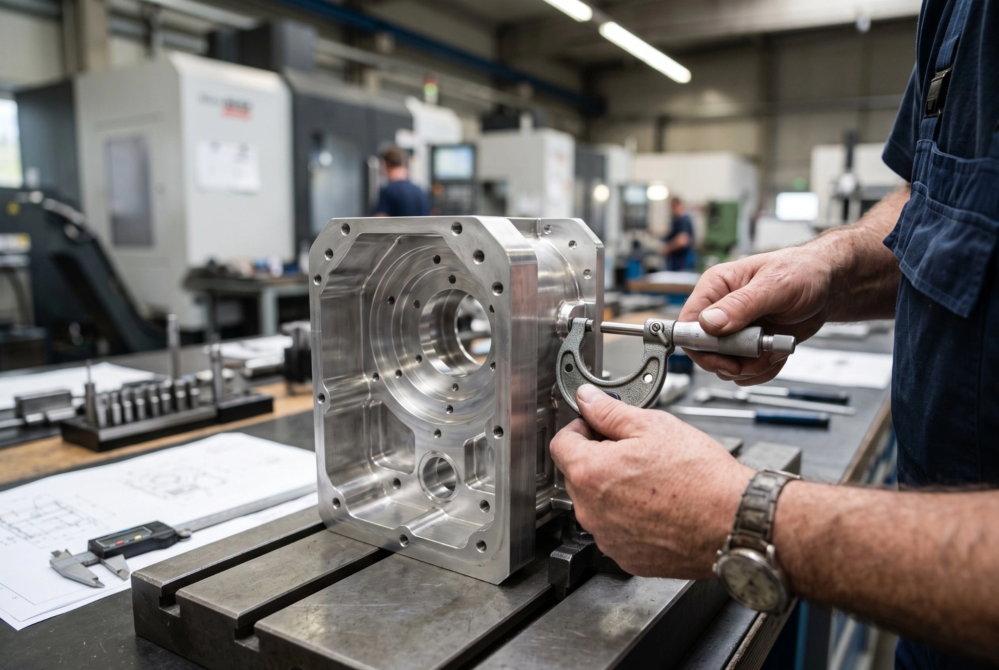 Precision-machined component being measured with a micrometer